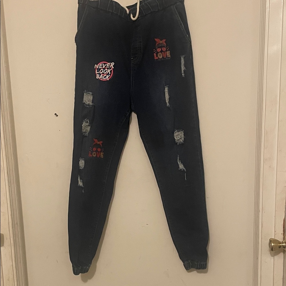 Blue Jean Distressed Jogger Jeans with Red Love Patches